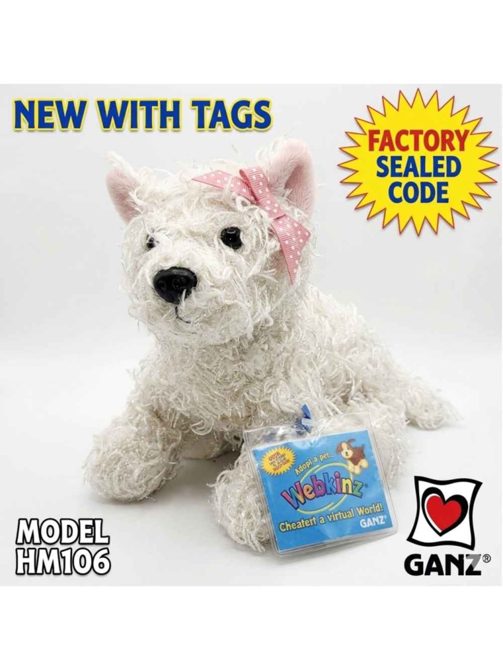 Vintage Webkinz White Terrier Plush Dog with Unused Secret Code - Retired GANZ